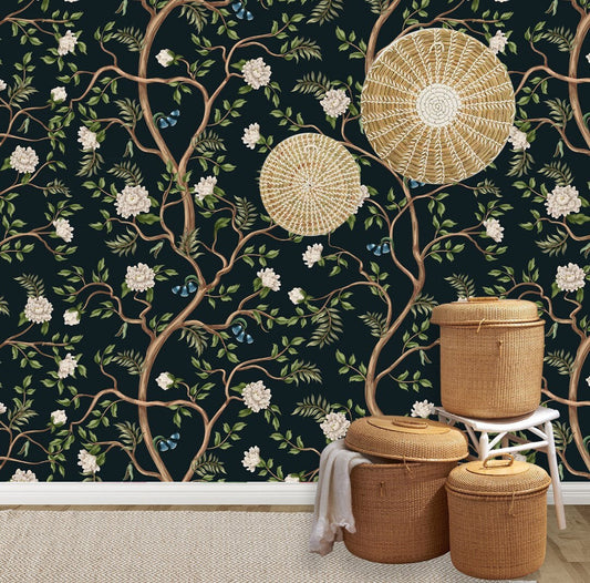 Chinoiserie Wallpaper Peel and Stick, Dark Floral Wallpaper, Garden Wallpaper, Japanese Wallpaper, Removable Wall Paper