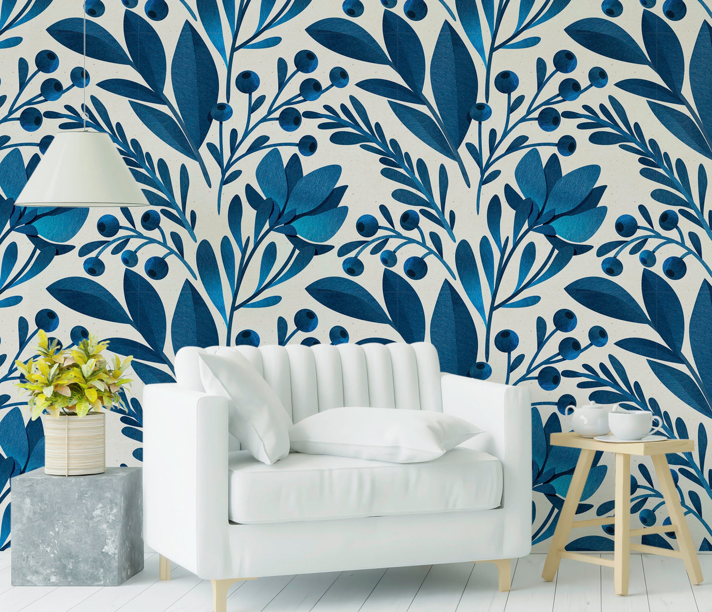 Blue Leaf Wallpaper, Blue Floral Wallpaper Peel and Stick, Tropical Leaves Wallpaper, Nursery Wallpaper, Removable Wall Paper