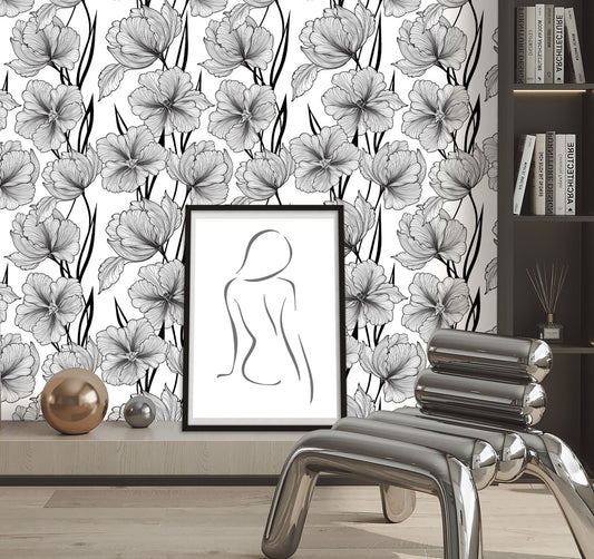 Black and White Floral Wallpaper Peel and Stick, Line Art Wallpaper, Removable Wall Paper