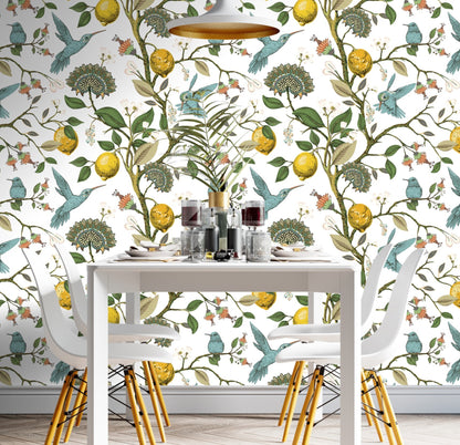 Hummingbird Wallpaper Peel and Stick, Lemon Wallpaper, Citrus Wallpaper, Tropical Wallpaper, Removable Wall Paper