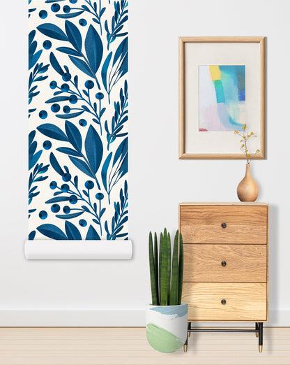 Removable Wallpaper Peel and Stick Wallpaper Mural Blue Leaves Wall Paper