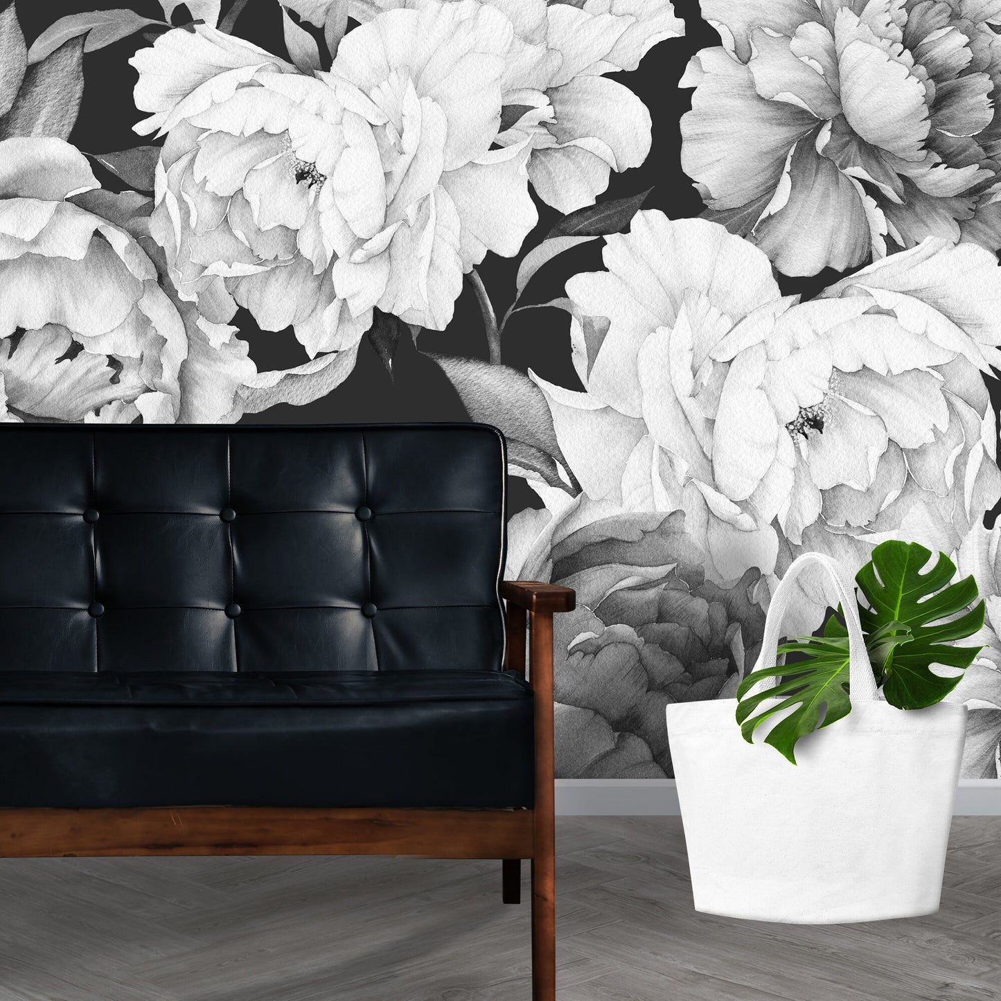 Dark Floral Wallpaper Peel and Stick, Watercolor Peony Wallpaper, Black and White Wallpaper, Removable Wall paper