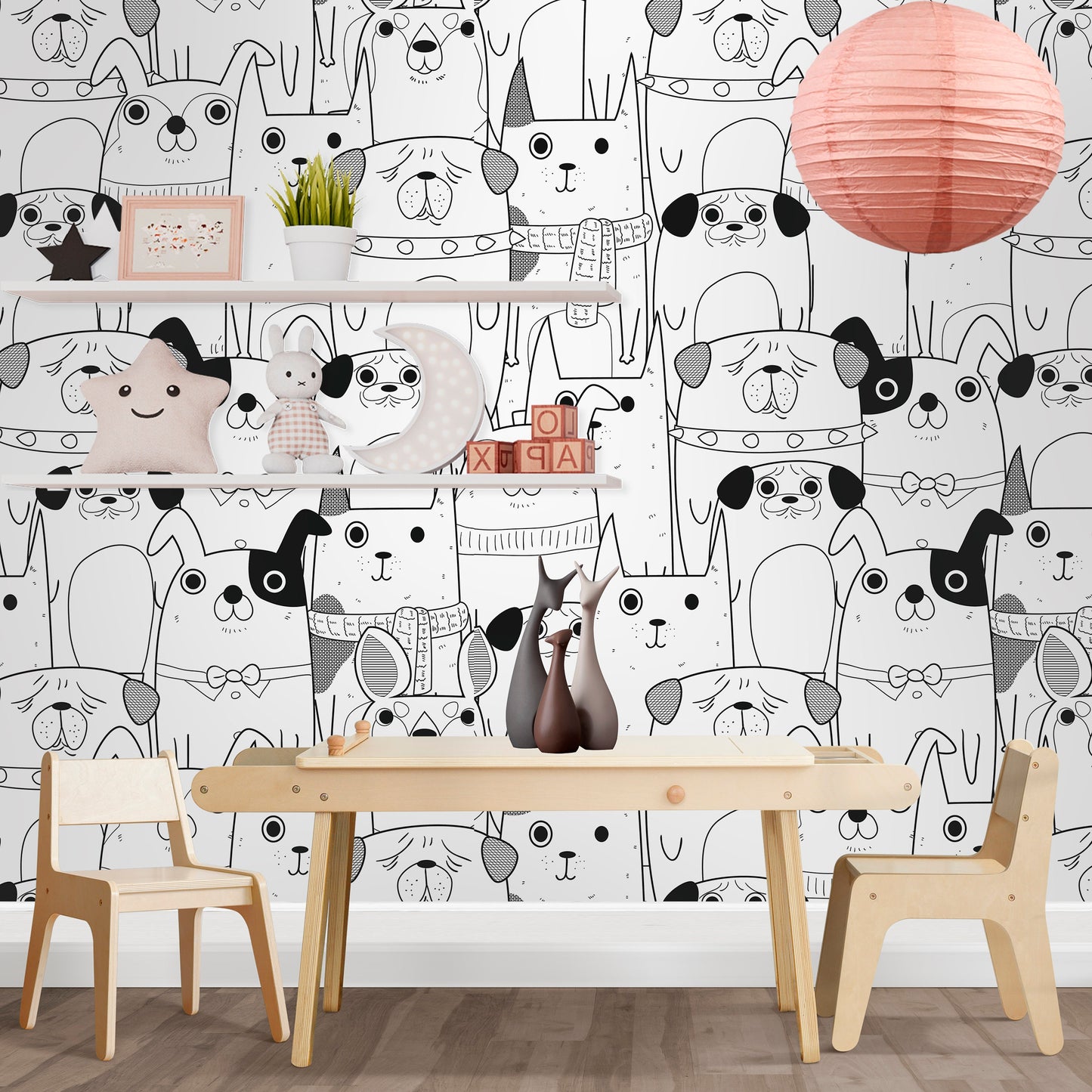 Dog Wallpaper Peel and Stick Wallpaper Black and White Kids Wallpaper, Puppy Wallpaper, Removable Wall Paper