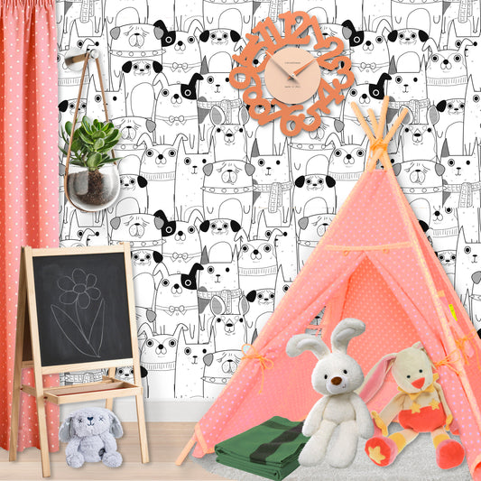 Dog Wallpaper Peel and Stick Wallpaper Black and White Kids Wallpaper, Puppy Wallpaper, Removable Wall Paper
