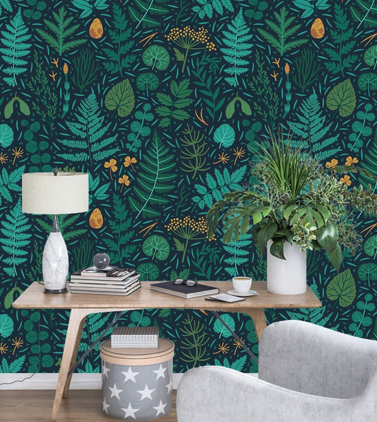 Fern Wallpaper, Emerald Wallpaper Peel and Stick, Green Leaf Wallpaper, Removable Wall Paper