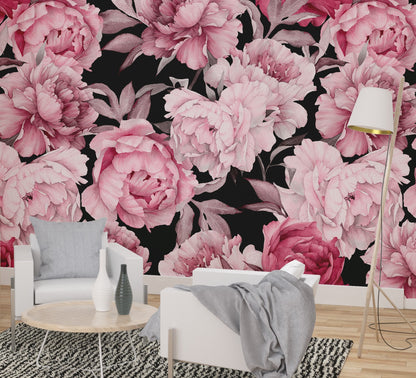Dark Floral Wallpaper Peel and Stick, Pink Peony Wallpaper, Blossom Wallpaper, Removable Wall Paper