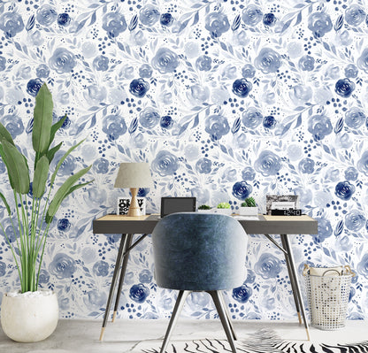 Blue Floral Wallpaper Peel and Stick Nursery Wallpaper, Watercolor Floral Wallpaper, Removable Wall Paper
