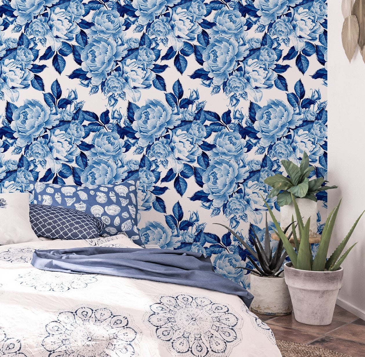 Blue Rose Wallpaper Peel and Stick, Blue Floral Wallpaper, Peony Wallpaper, Removable Wall Paper