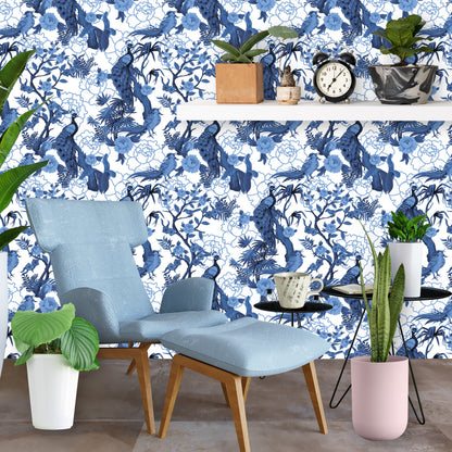 Chinoiserie Wallpaper Peel and Stick Blue Garden Wallpaper Peacock Wallpaper Removable Wall Paper