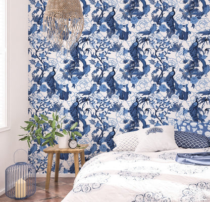 Chinoiserie Wallpaper Peel and Stick Blue Garden Wallpaper Peacock Wallpaper Removable Wall Paper