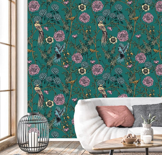 Chinoiserie Wallpaper Peel and Stick Vintage Floral Wallpaper Green Peacock Wallpaper Removable Wall Paper
