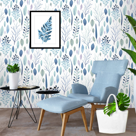 Blue Leaves Wallpaper, Peel and Stick Nursery Wallpapers, Scandinavian Removable Wall Paper