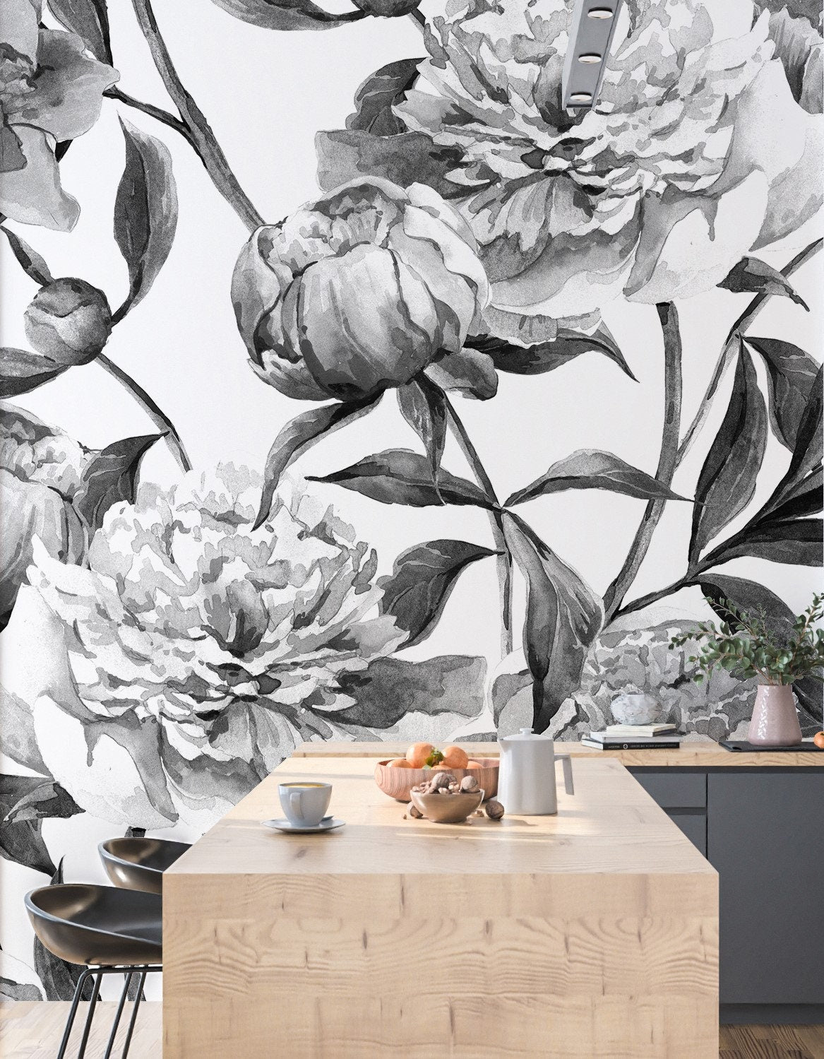 Big Flowers Wallpaper Peel and Stick Black and White, Peony Wallpaper, Hand Drawn Wallpaper, Removable Wall Paper