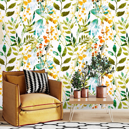 Green Leaf Wallpaper, Spring Wallpaper Peel and Stick, Botanical Wallpaper, Watercolor wallpaper, Removable Wall Paper