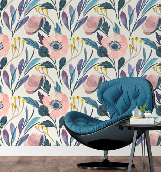 Big Flower Wallpaper, Watercolor Floral Wallpaper Peel and Stick, Pink Floral Wallpaper, Blue leaves Wallpaper, Removable Wall Paper