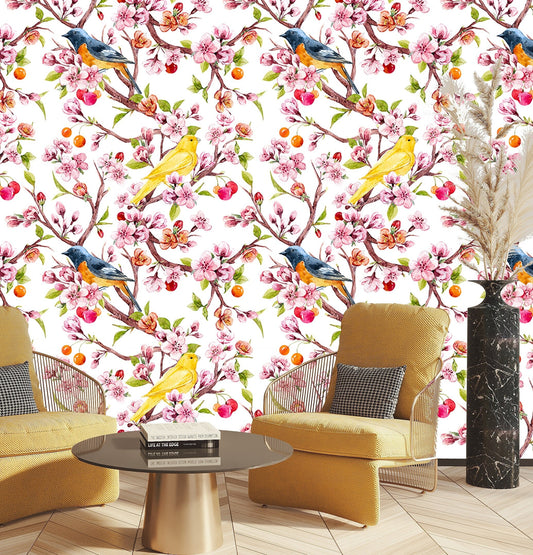 Cherry Blossom Wallpaper Peel and Stick, Sakura Wallpaper, Bird Wallpaper, Spring Wallpaper Removable Wall Paper