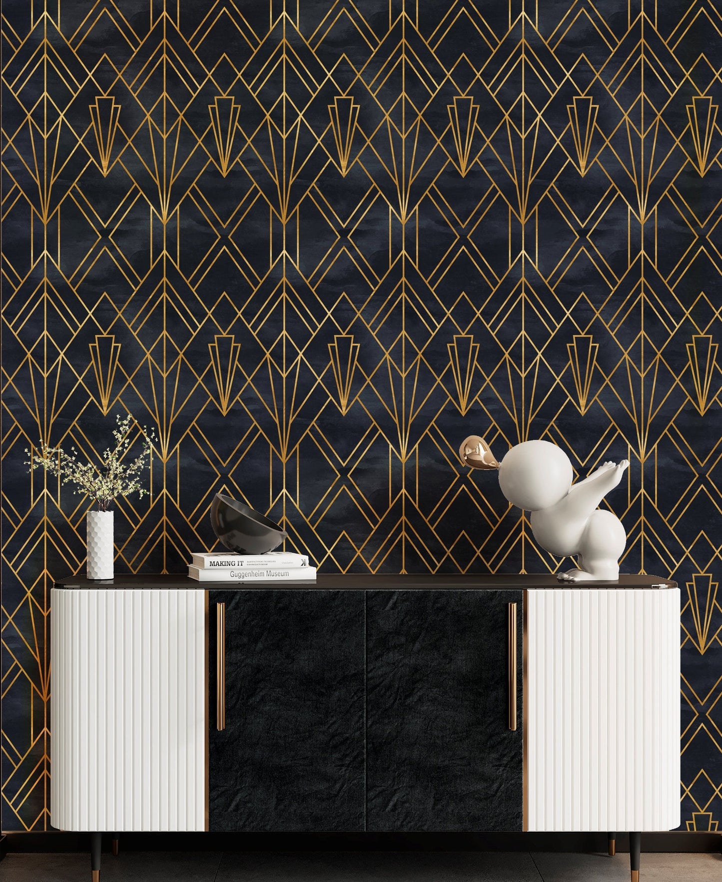 Black and Gold Geometric Wallpaper Peel and Stick, Art Deco Wallpaper, Vintage Wallpaper, Removable Wall Paper