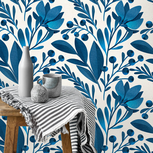 Blue Floral Wallpaper, Tropical Wallpaper, Peel and Stick Nursery Wallpaper, Tropical Leaves Wallpaper, Removable Wall Paper