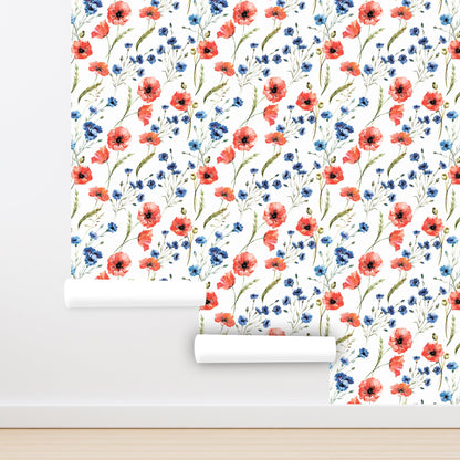 Poppy Wallpaper Peel and Stick, Wildflower Wallpaper, Blue Floral Wallpaper, Nursery Wallpaper, Removable Wall Paper