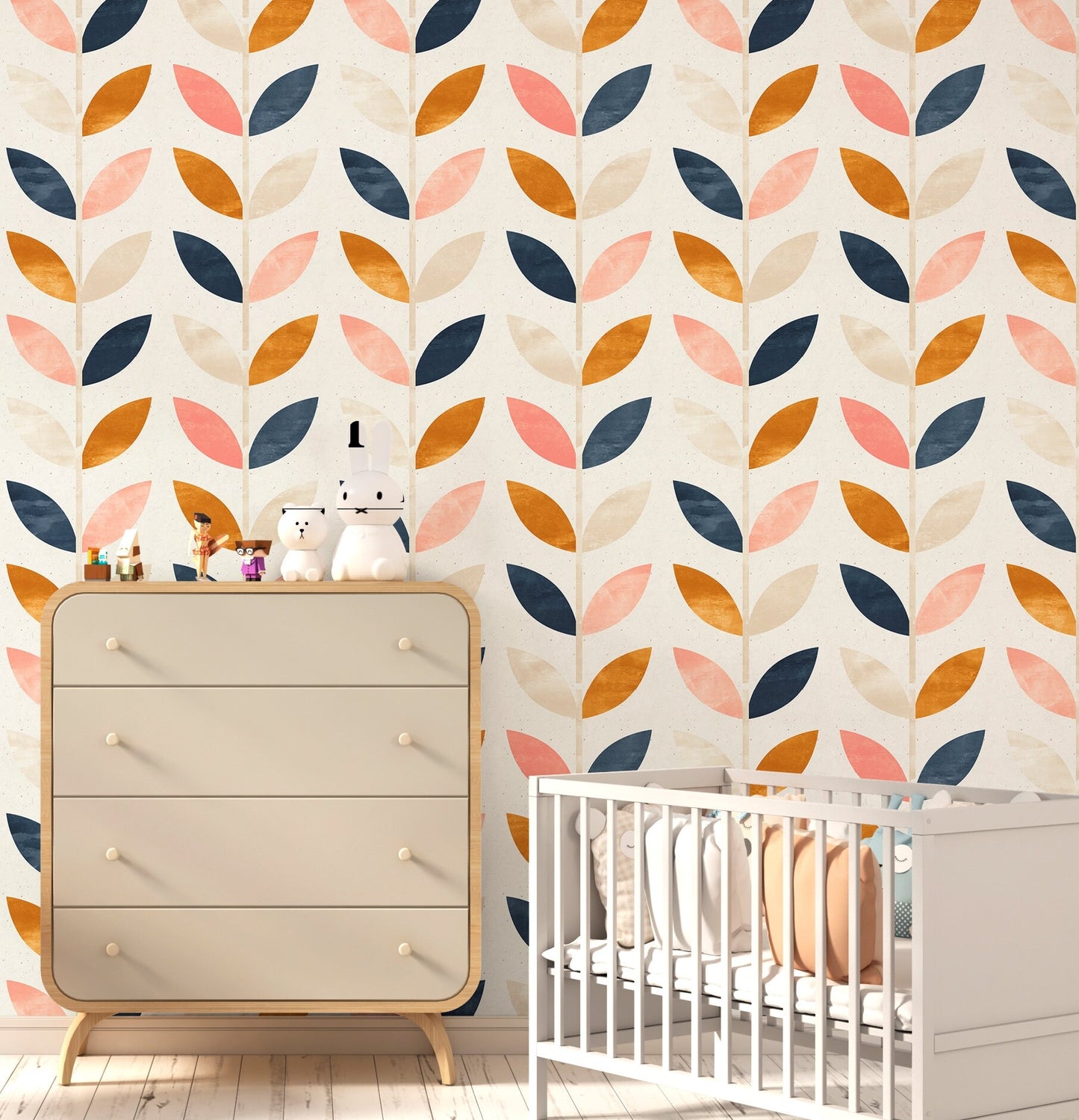 Scandinavian Wallpaper, Leaf Wallpaper, Peel and Stick Nursery Wallpaper, Removable Wall Paper