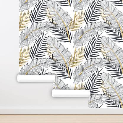 Gold Leaf Wallpaper Peel and Stick, Black and White Tropical Leaf Wallpaper, Banana Leaf Wallpaper, Palm Wallpaper, Removable Wall Paper