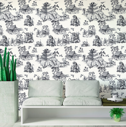 Chinoiserie Wallpaper Peel and Stick, Pagoda Wallpaper, Japanese Wallpaper Black and White, Tiger Wallpaper, Removable Wall Paper