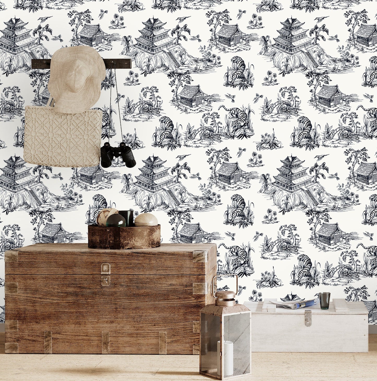 Chinoiserie Wallpaper Peel and Stick, Pagoda Wallpaper, Japanese Wallpaper Black and White, Tiger Wallpaper, Removable Wall Paper