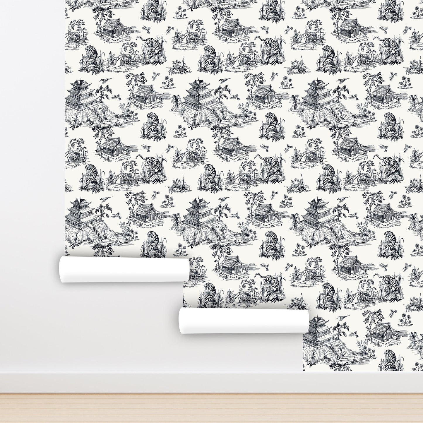 Chinoiserie Wallpaper Peel and Stick, Pagoda Wallpaper, Japanese Wallpaper Black and White, Tiger Wallpaper, Removable Wall Paper