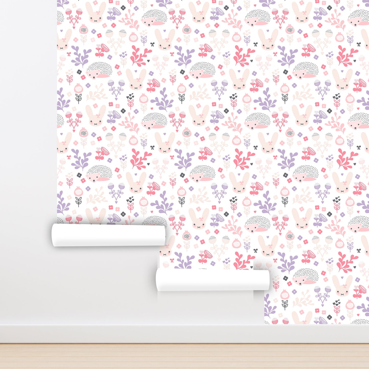 Bunny Wallpaper Peel and Stick, Hedgehog Wallpaper, Rabbit Wallpaper, Girls Room Wallpaper, Nursery Wallpaper, Removable Wall Paper