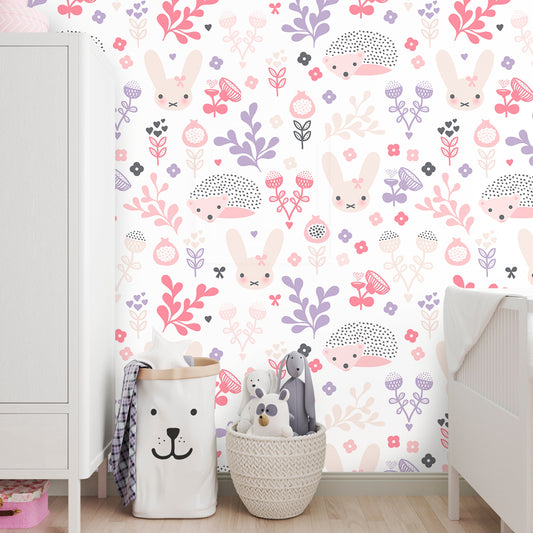 Bunny Wallpaper Peel and Stick, Hedgehog Wallpaper, Rabbit Wallpaper, Girls Room Wallpaper, Nursery Wallpaper, Removable Wall Paper