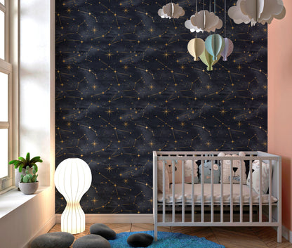 Constellation Wallpaper, Night sky Wallpaper Peel and Stick, Nursery Wallpaper, Black and Gold Wallpaper, Removable Wall Paper