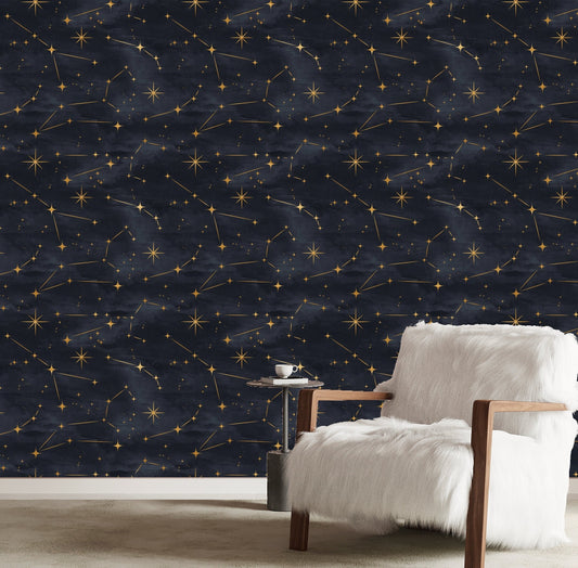 Constellation Wallpaper, Night sky Wallpaper Peel and Stick, Nursery Wallpaper, Black and Gold Wallpaper, Removable Wall Paper