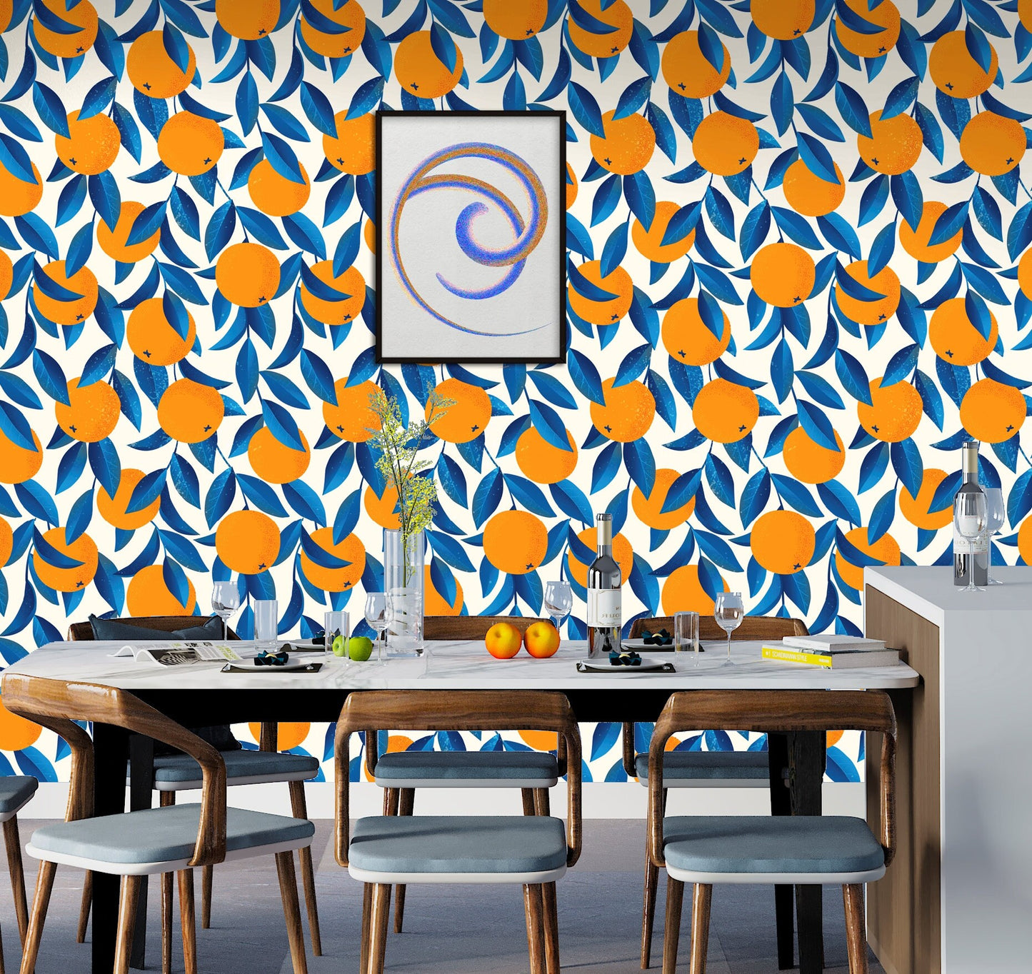 Citrus Wallpaper, Orange Wallpaper Peel and Stick, Fruit Wallpaper, Blue Leaves Wallpaper, Removable Wall Paper