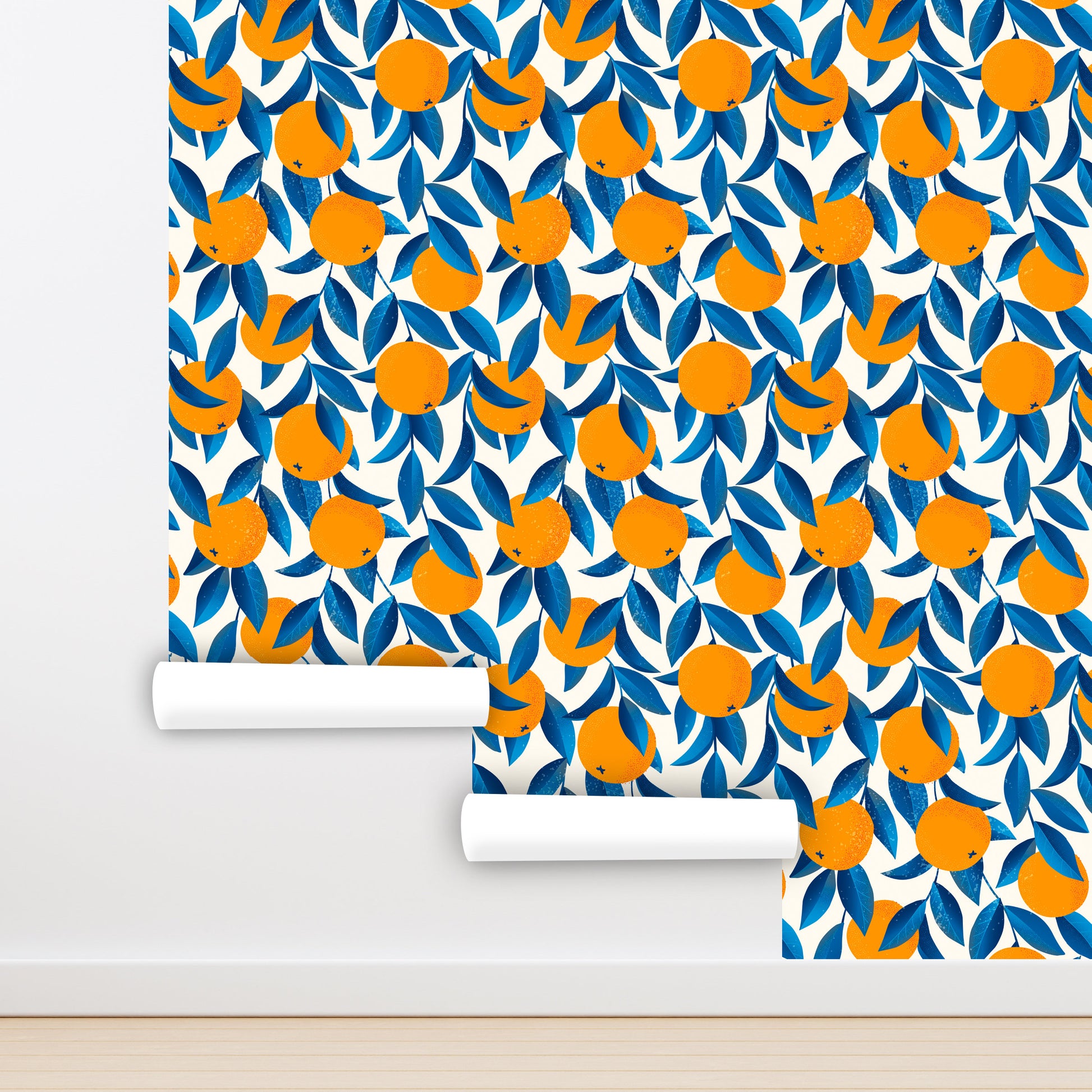 Citrus Wallpaper, Orange Wallpaper Peel and Stick, Fruit Wallpaper, Blue Leaves Wallpaper, Removable Wall Paper