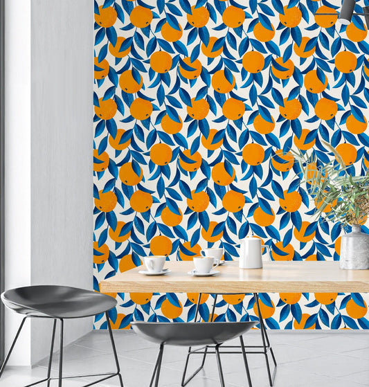 Citrus Wallpaper, Orange Wallpaper Peel and Stick, Fruit Wallpaper, Blue Leaves Wallpaper, Removable Wall Paper