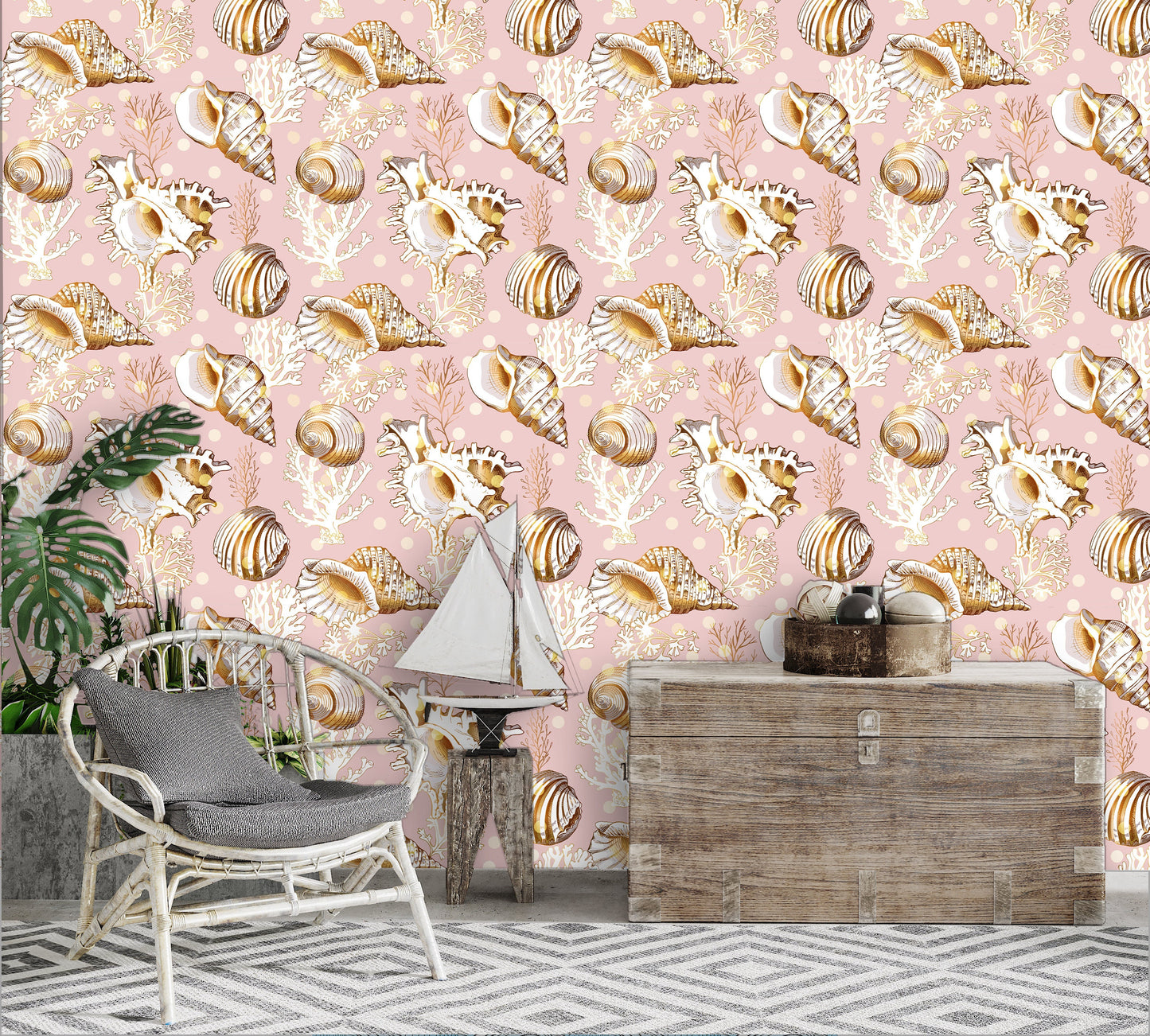 Seashell Wallpaper, Coral Wallpaper, Sea Life Wallpaper Peel and Stick, Nursery Wallpaper, Removable Wall Paper