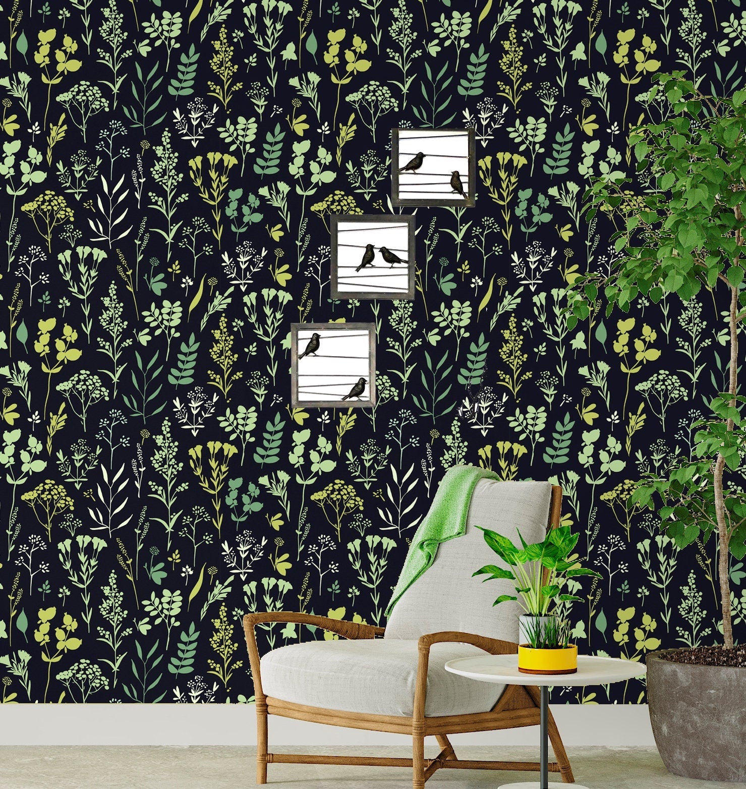 Herbs Wallpaper Peel and Stick, Botanical Wallpaper, Wildflower Wallpaper, Dark Floral Wallpaper, Removable Wall Paper