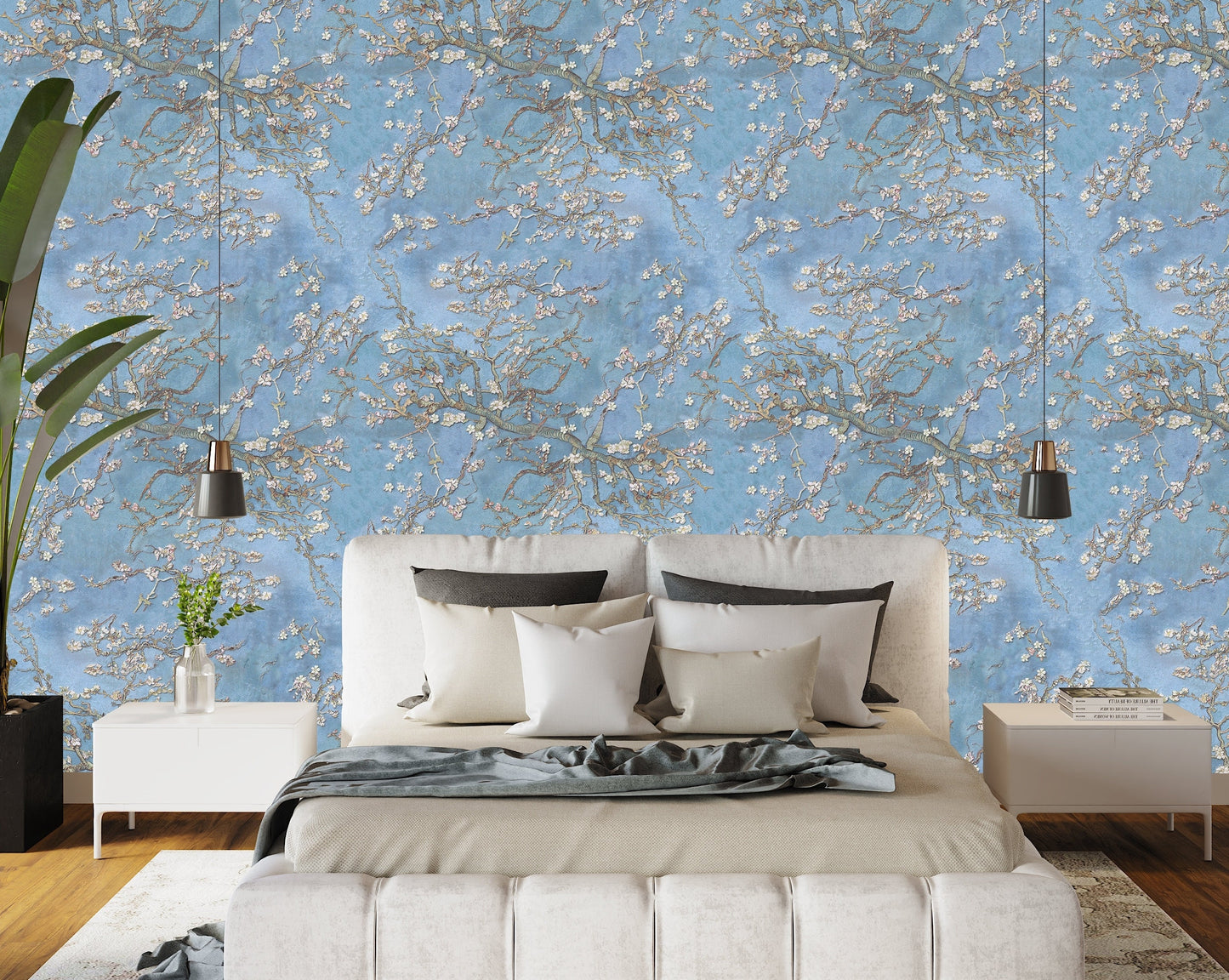 Blue Floral Wallpaper, Cherry Blossom Wallpaper, Chinoiserie Wallpaper Peel and Stick, Vintage Floral Wallpaper, Removable Wall Paper