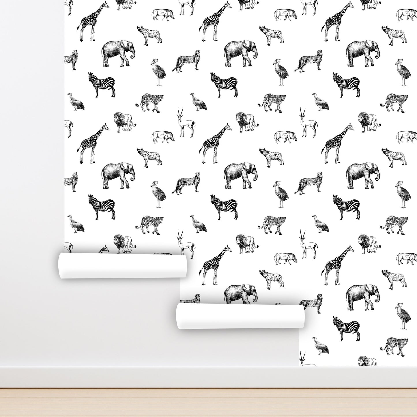Elephant Wallpaper, Giraffe Wallpaper, Black and White Wallpaper Peel and Stick, Animal Wallpaper, Removable Wall Paper
