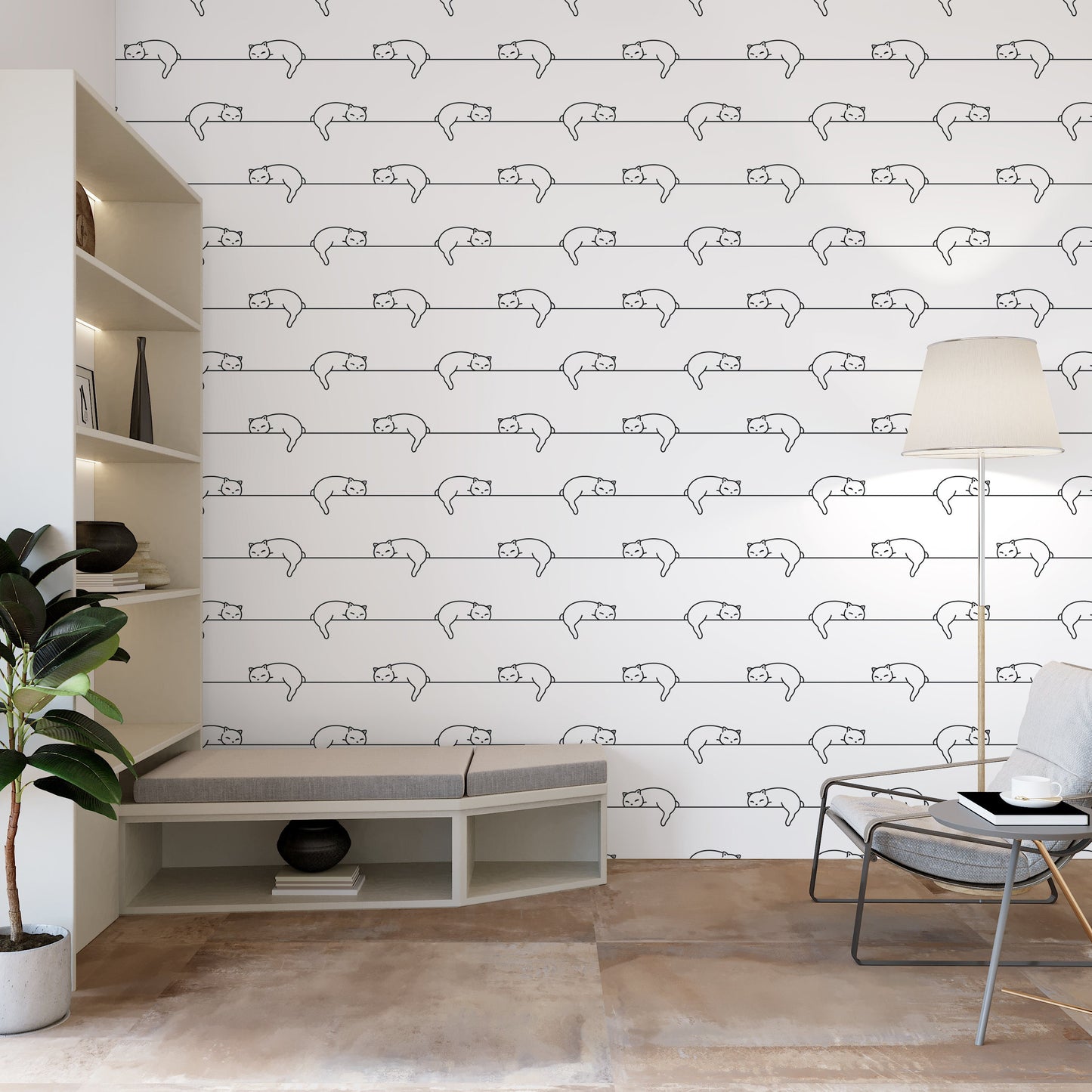 Cat Wallpaper, Line Art Wallpaper Peel and Stick, Black and White Wallpaper, Removable Wall Paper