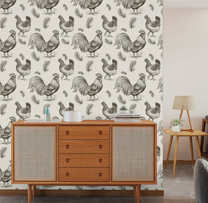 Chicken Wallpaper, Rooster Wallpaper Peel and Stick, Bird Wallpaper, Farmhouse Wallpaper, Removable Wall Paper