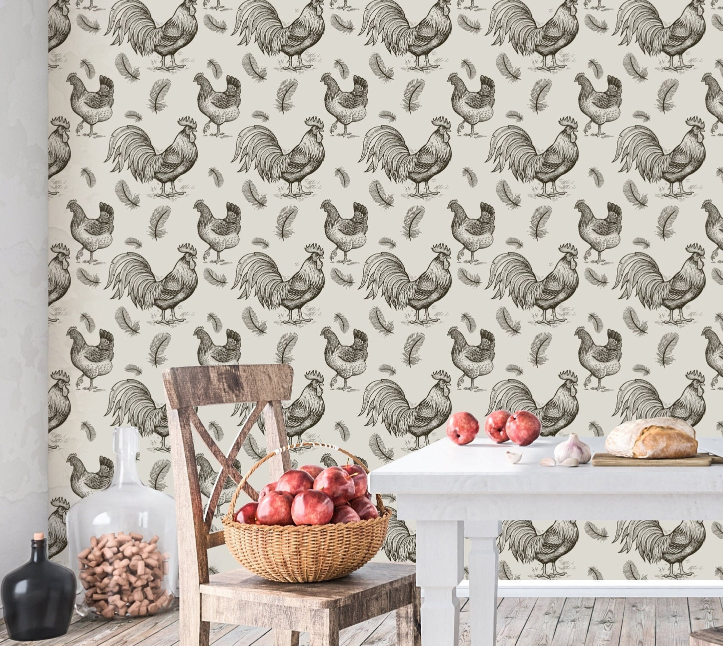 Chicken Wallpaper, Rooster Wallpaper Peel and Stick, Bird Wallpaper, Farmhouse Wallpaper, Removable Wall Paper