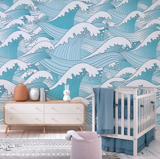 Waves Wallpaper Peel and Stick, Ocean Wallpaper, Ocean Wall Mural, Turquoise Wall Mural, Removable Wall Paper