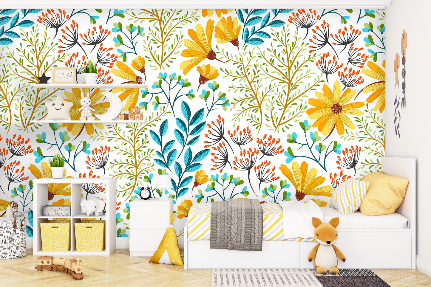 Yellow Floral Wallpaper, Wildflower Wallpaper, Spring Wallpaper Peel and Stick Nursery Wallpaper,  Removable Wall Paper