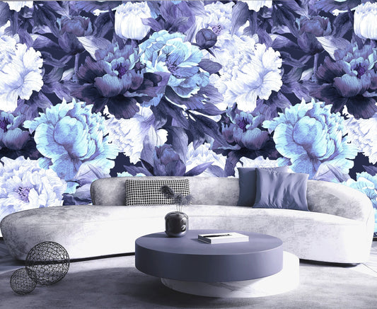 Blue Rose Wallpaper, Blue Floral Wallpaper, Big Flower Wallpaper Peel and Stick, Peony Wallpaper, Removable Wall Paper