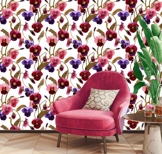 Pansy Wallpaper Peel and Stick, Colorful Wallpaper, Purple and Red Flower Wallpaper,  Removable Wall Paper