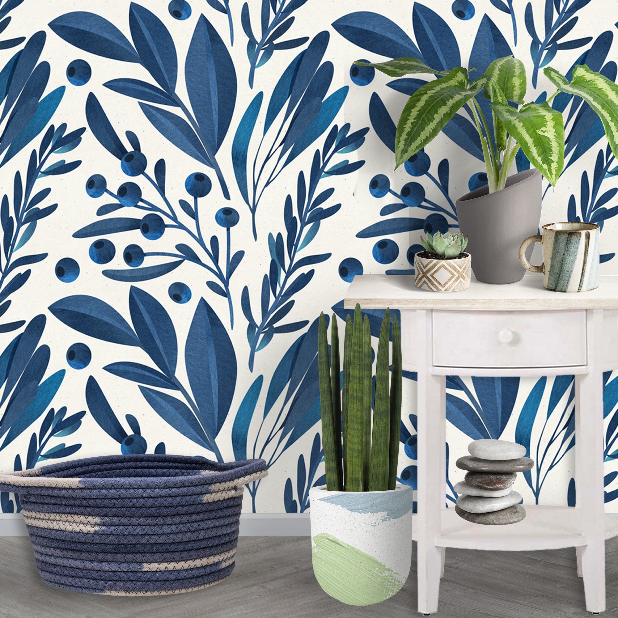 Removable Wallpaper Peel and Stick Wallpaper Mural Blue Leaves Wall Pa ...