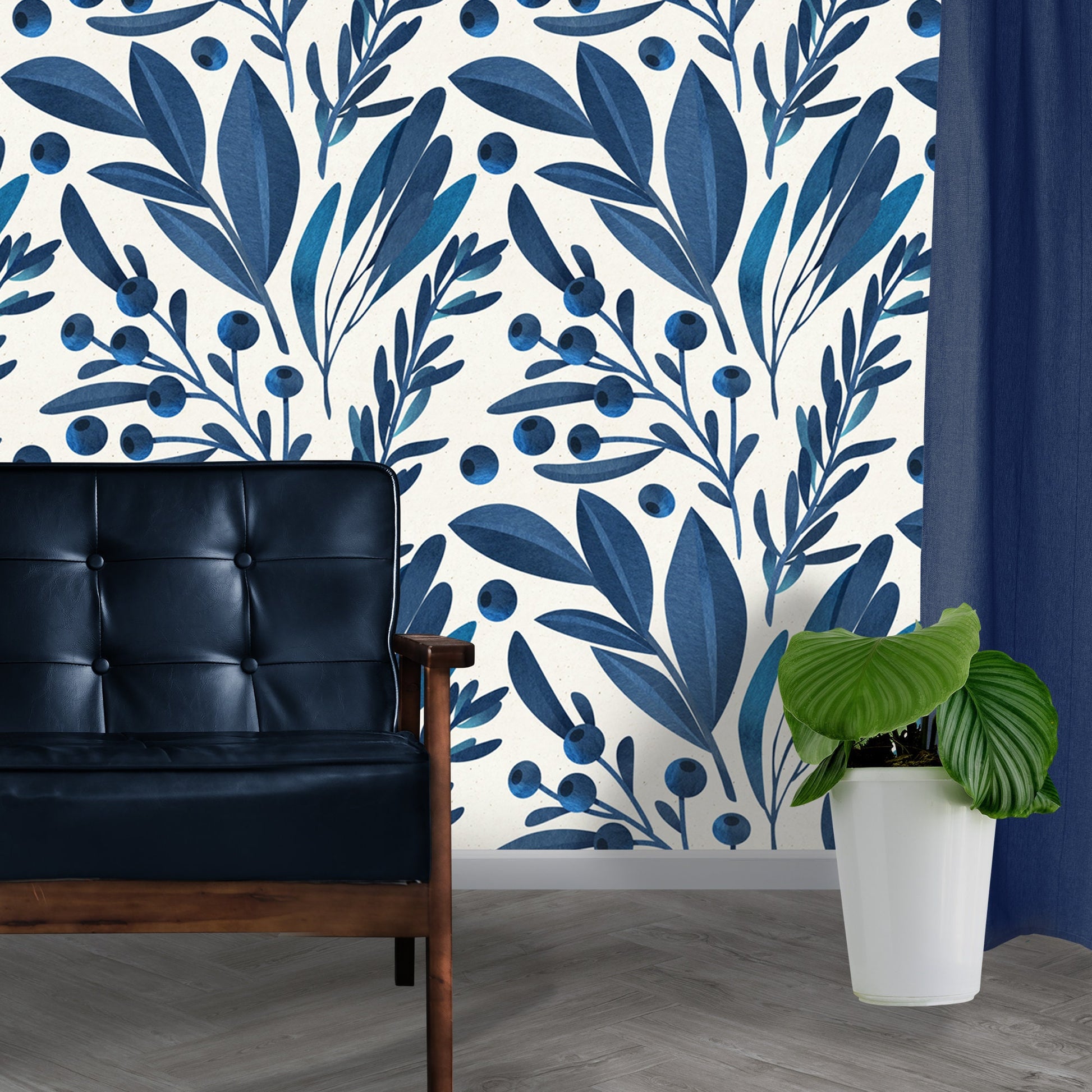 Removable Wallpaper Peel and Stick Wallpaper Mural Blue Leaves Wall Paper