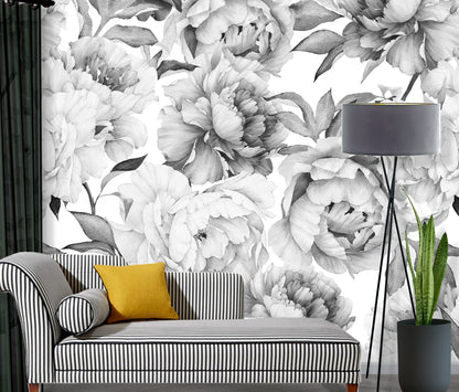 Peony Wallpaper Black and White Floral Wallpaper Peel and Stick Wallpaper Removable Wallpaper Mural