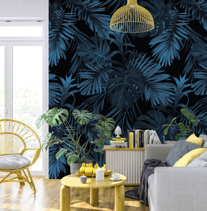 Blue Tropical Wallpaper, Palm Leaf Wallpaper, Dark Peel and Stick Wallpaper, Removable Wall Paper